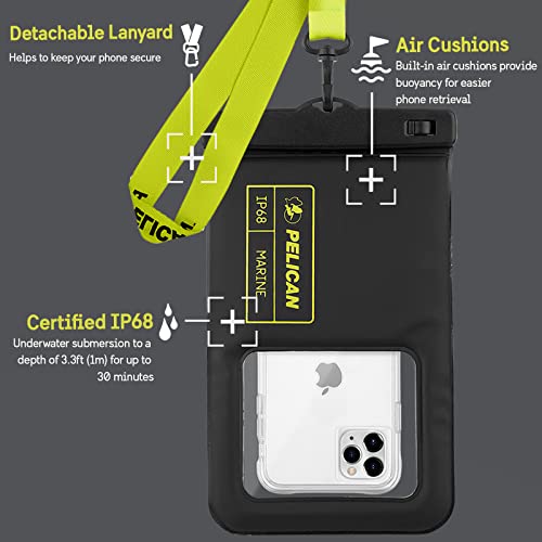 Pelican Marine - IP68 Waterproof Phone Pouch (XL Size) - Floating Waterproof Phone Case - iPhone 15 Pro Max/ 14 Pro Max/ 13 Pro Max/ 12/ S23 Ultra/ Pixel 7 - Detachable Lanyard - Black / Hi-Vis Yellow