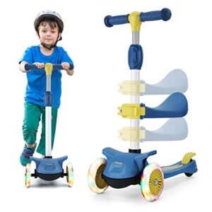 wheelive 2 in 1 kick scooter with removable seat, 3 led wheels kick scooter for kids, 4 adjustable height & foldable design toddler scooters sit or stand ride for boys & girls 2-8 years old（blue）