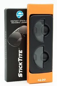 sticktite lenses – stick-on bifocal lens instantly convert sunglasses, goggles, or glasses into magnified, bifocal sunglasses. patented material technology, reusable lenses (1 pair) 2.0 diopter