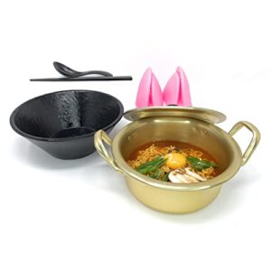 jovely korean traditional instant ramen small hot pot set, 6.3" aluminum noodle hot pot(16cm, 1 quart) with lid, silicone hot pot holder, premium melamine ramen bowl, chopsticks and spoon pack