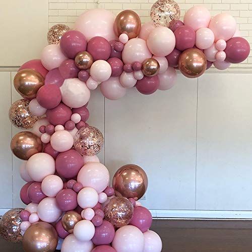 Soonlyn Pink Balloons Garland 135 Pcs Double Stuffed Balloons, Dusty Rose Gold Metallic Confetti Latex Balloons Arch Kit for Baby Shower Decorations for Girl Birthday Party, Bridal Shower, Wedding