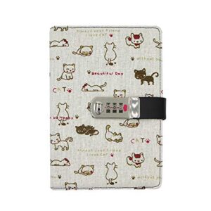 cute cat with digital password lock, pu leather wided ruled college students notebook personal travel writing journal gift for annersary graduation(a5, double sided, 130sheets/260pages)