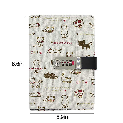 Cute Cat with Digital Password Lock, PU Leather Wided Ruled College Students Notebook Personal Travel Writing Journal Gift for Annersary Graduation(A5, Double Sided, 130Sheets/260Pages)