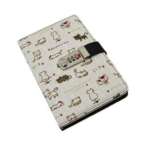 Cute Cat with Digital Password Lock, PU Leather Wided Ruled College Students Notebook Personal Travel Writing Journal Gift for Annersary Graduation(A5, Double Sided, 130Sheets/260Pages)