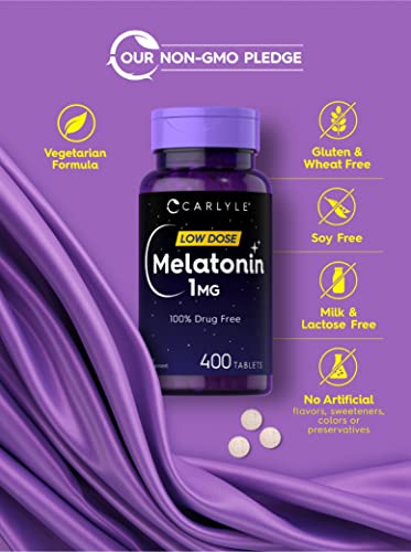 Carlyle Melatonin 1 mg | 400 Low Dose Tablets | Drug Free Aid | Vegetarian, Non-GMO, Gluten Free