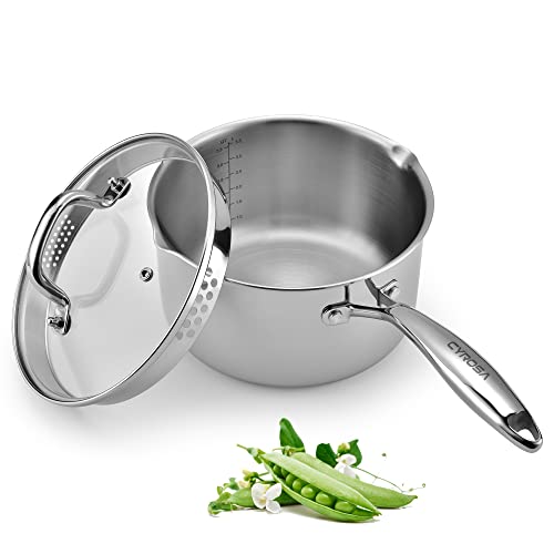 Stainless Steel Saucepan with Glass Lid, 4 Quart Multipurpose Sauce Pan, Sauce Pot - for Easy Pour with Ergonomic Handle