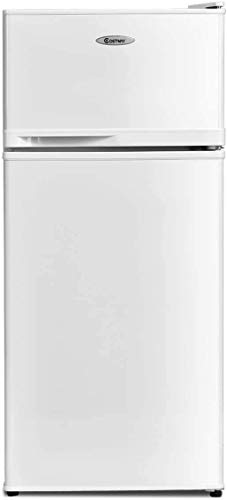 Moccha 3.4cu ft. Compact Refrigerator, Fridge Freezer w/Double Doors, 7 Levels Thermostat, Quiet Mini Fridge for Kitchen, Dorm, Apartment, Bar, Office (White)