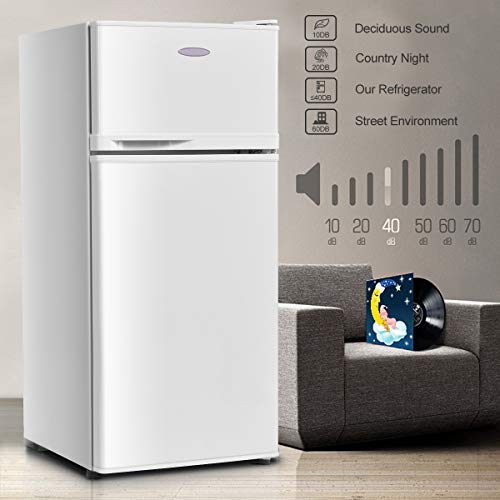 Moccha 3.4cu ft. Compact Refrigerator, Fridge Freezer w/Double Doors, 7 Levels Thermostat, Quiet Mini Fridge for Kitchen, Dorm, Apartment, Bar, Office (White)