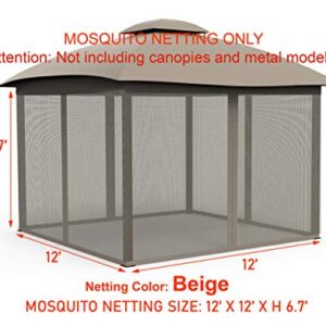 Gazebo Mosquito Netting Screen 4-Panels Universal Replacement for Patio, Outdoor Canopy, Garden and Backyard (12'x12', Beige)