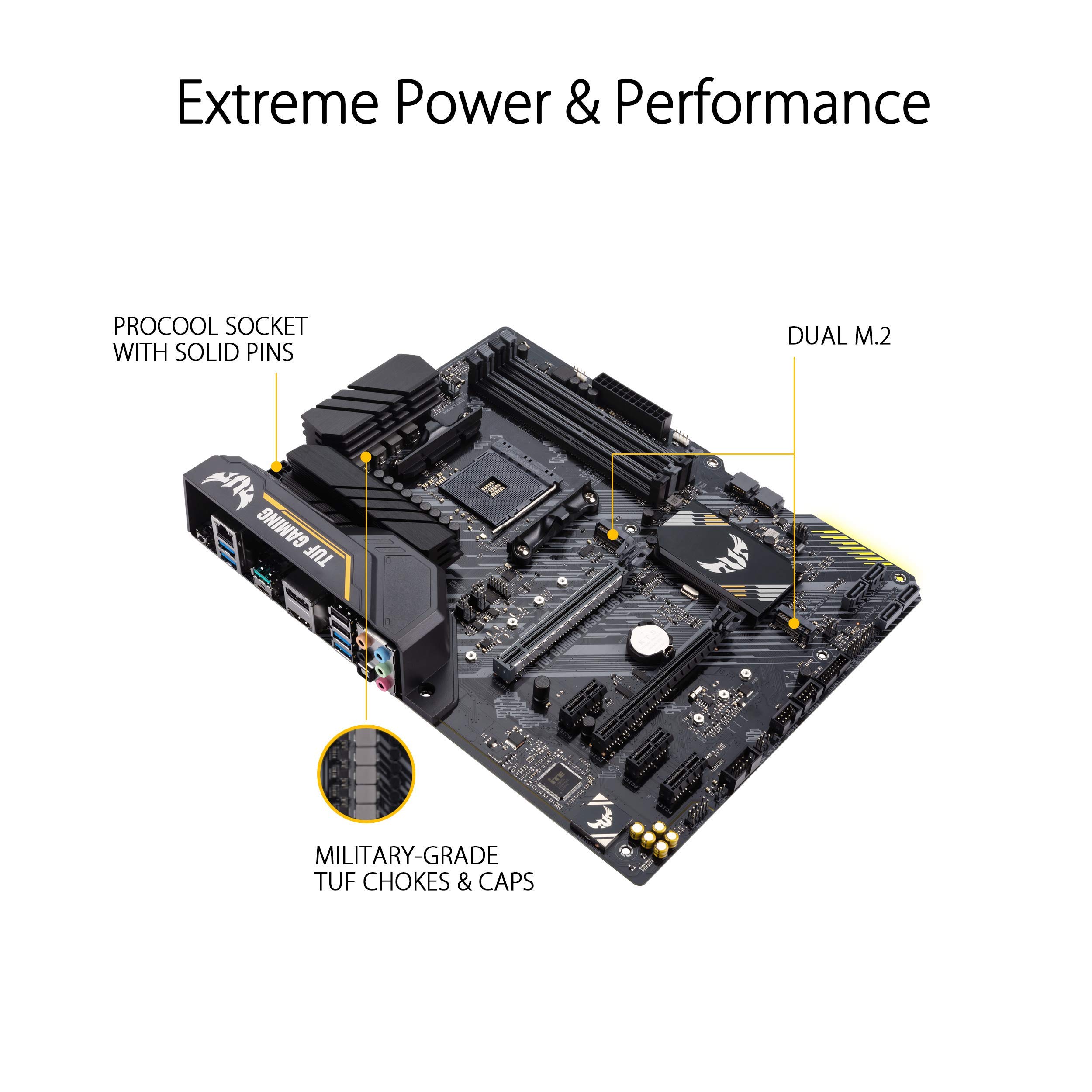 ASUS TUF Gaming B450-PLUS II AMD AM4 (Ryzen 5000, 3rd Gen Ryzen ATX Gaming Motherboard (DDR4 4400(O.C.), HDMI 2.0b, USB 3.2 Gen 2 Type-C, BIOS Flashback, 256Mb BIOS Flash ROM, AI Noise Cancelling Mic