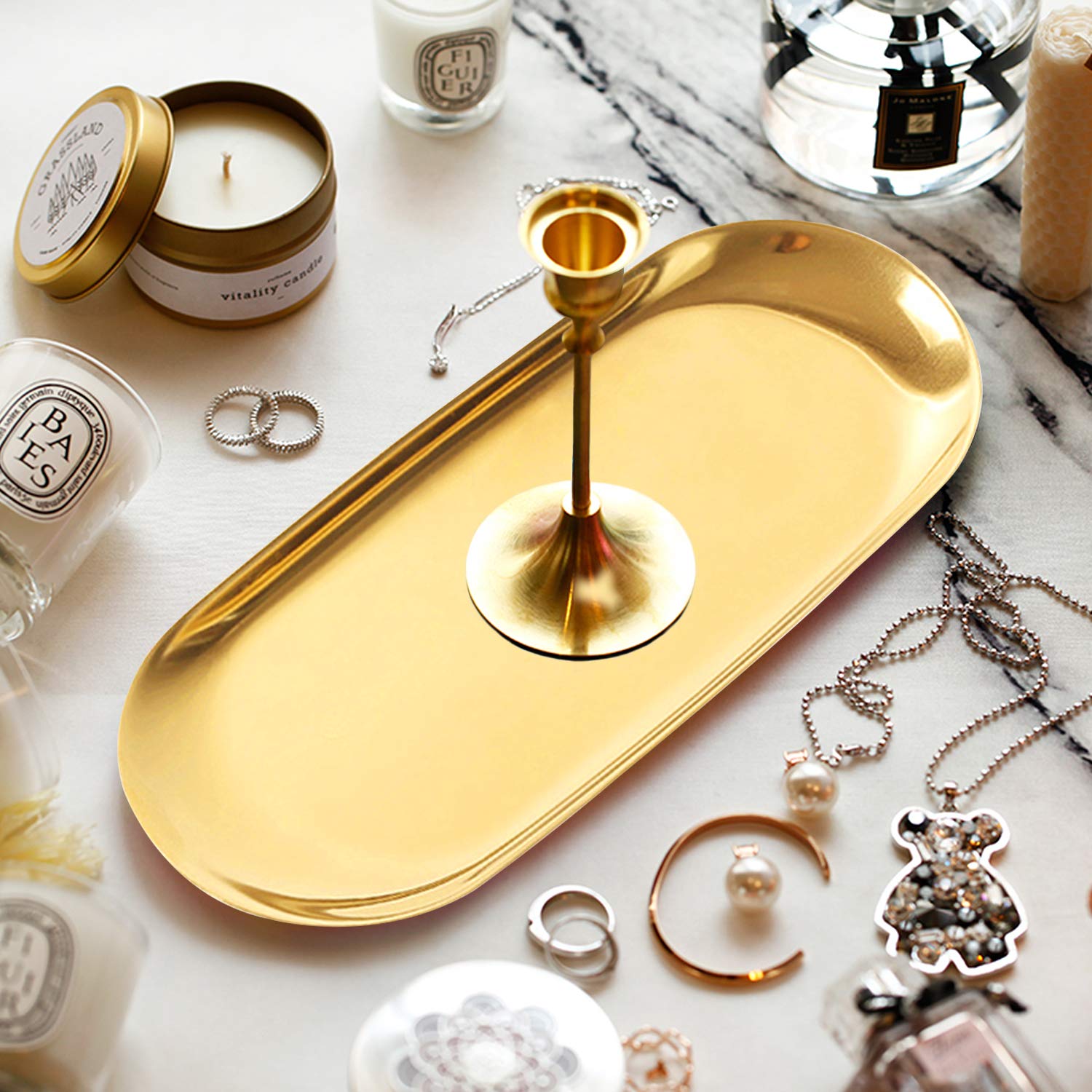 2 Pcs Gold Decorative Tray, Stainless Steel Towel Tray Candle Organizer Dish Plate Tea Fruit Trays Small Storage Tray Cosmetics Jewelry Key Tray for Perfume Kitchen Bathroom Vanity Counter