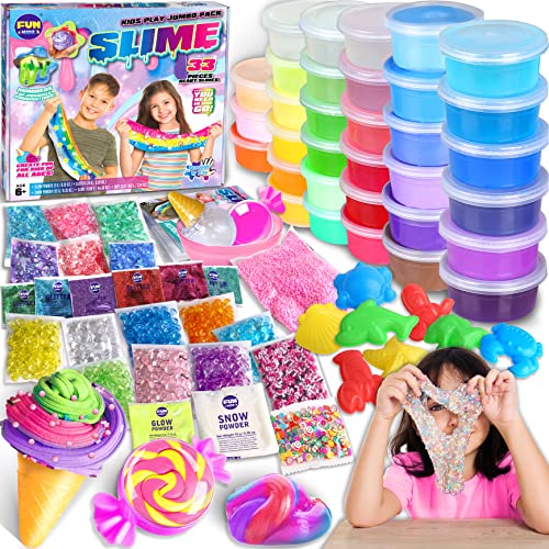 33 Cups Jumbo Slime Kit for Girls and Boys, FunKidz Premade Ultimate Slime Pack to DIY Big Fluffy Slime Making Kits Super Party Favors Gift Toys for Kids