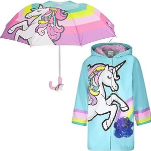 Girls Rain Jacket & Kids Umbrella Set - Toddler Umbrellas for Rain - Kids Raincoat for Boys and Girls Rain Coat for 5-7 (Unicorn Design)