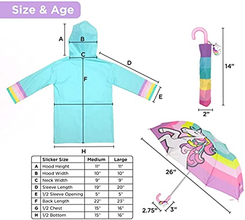 Girls Rain Jacket & Kids Umbrella Set - Toddler Umbrellas for Rain - Kids Raincoat for Boys and Girls Rain Coat for 5-7 (Unicorn Design)