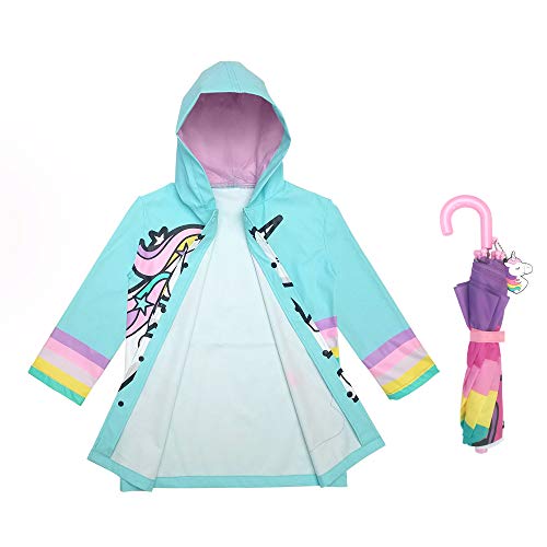 Girls Rain Jacket & Kids Umbrella Set - Toddler Umbrellas for Rain - Kids Raincoat for Boys and Girls Rain Coat for 5-7 (Unicorn Design)