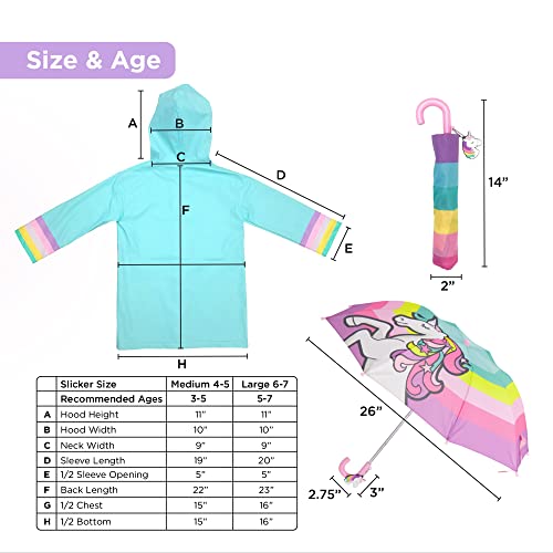 Girls Rain Jacket & Kids Umbrella Set - Toddler Umbrellas for Rain - Kids Raincoat for Boys and Girls Rain Coat for 5-7 (Unicorn Design)