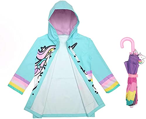 Girls Rain Jacket & Kids Umbrella Set - Toddler Umbrellas for Rain - Kids Raincoat for Boys and Girls Rain Coat for 5-7 (Unicorn Design)