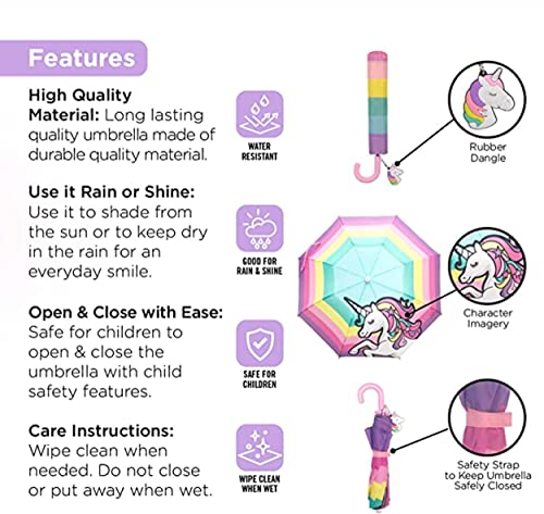 Girls Rain Jacket & Kids Umbrella Set - Toddler Umbrellas for Rain - Kids Raincoat for Boys and Girls Rain Coat for 5-7 (Unicorn Design)