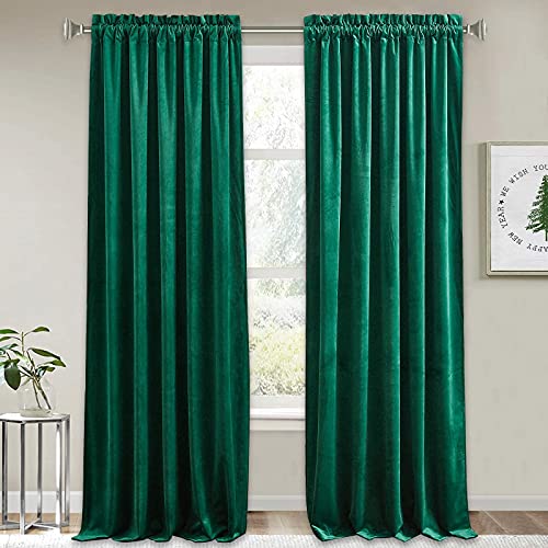 RYB HOME Green Velvet Curtains 108 inches - Extra Long Curtains for Sliding Glass Door Home Decor Room Darkening Curtains for Dinning Room Photography Backdrop, Emerald Green, 52 x 108, 2 Pcs