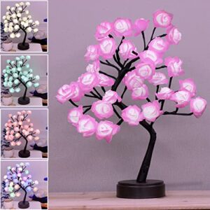 18 colors rose tree lamp, color changing multicolor rose table lamp with remote, pink flower lamp girls gift for mother’s day, lighted tabletop tree for christmas valentine’s day wedding decor