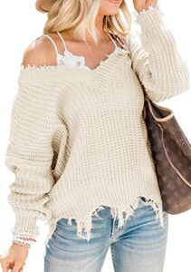 leani women's loose knitted sweater long sleeve v-neck ripped pullover sweaters crop top knit jumper beige