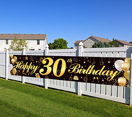 Happy 30th Birthday Banner,Birthday Party Sign Backdrop Banner For Men Women Cheer to 30 Years,Durable Black&Gold Glitter Birthday Sign Yard Sign For 30th Birthday Party Decoration Supplies(30 Black)