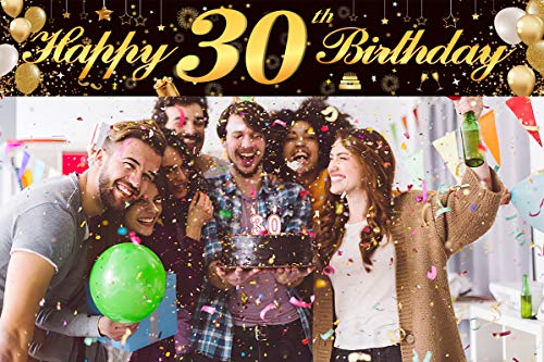 Happy 30th Birthday Banner,Birthday Party Sign Backdrop Banner For Men Women Cheer to 30 Years,Durable Black&Gold Glitter Birthday Sign Yard Sign For 30th Birthday Party Decoration Supplies(30 Black)