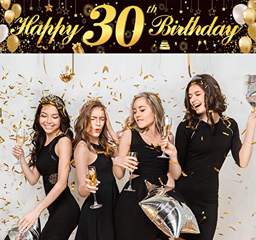 Happy 30th Birthday Banner,Birthday Party Sign Backdrop Banner For Men Women Cheer to 30 Years,Durable Black&Gold Glitter Birthday Sign Yard Sign For 30th Birthday Party Decoration Supplies(30 Black)