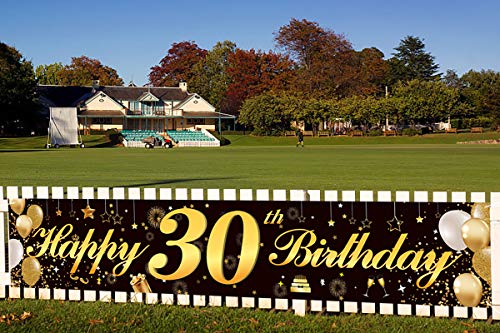 Happy 30th Birthday Banner,Birthday Party Sign Backdrop Banner For Men Women Cheer to 30 Years,Durable Black&Gold Glitter Birthday Sign Yard Sign For 30th Birthday Party Decoration Supplies(30 Black)