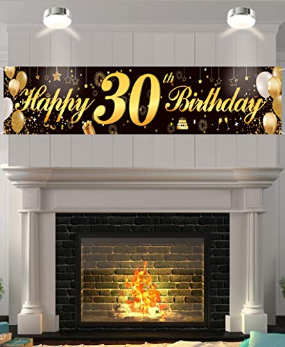 Happy 30th Birthday Banner,Birthday Party Sign Backdrop Banner For Men Women Cheer to 30 Years,Durable Black&Gold Glitter Birthday Sign Yard Sign For 30th Birthday Party Decoration Supplies(30 Black)