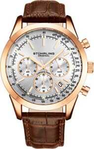 stuhrling original mens watches chronograph analog silver dial with date rose gold steel case tachymeter 24-hour subdial mens brown leather strap