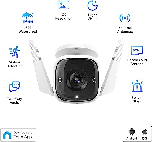 TP-Link Tapo 2K Security Camera Outdoor Wired, IP66 Weatherproof, Motion/Person Detection, Built-in Siren w/ Night Vision, Cloud/SD Card Storage, 2-Way Audio, Works w/ Alexa & Google Home (Tapo C310)