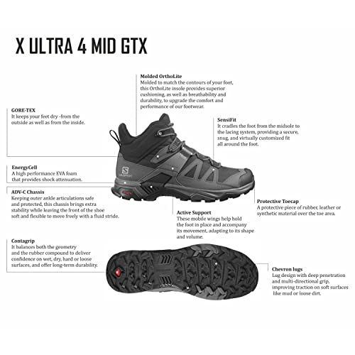 Salomon X Ultra 4 MID Gore-TEX Hiking Boots for Men, Black/Magnet/Pearl Blue, 10.5