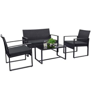 tuoze 4 pieces patio furniture set outdoor patio conversation sets modern porch furniture lawn chairs with glass coffee table for home garden backyard balcony (black)