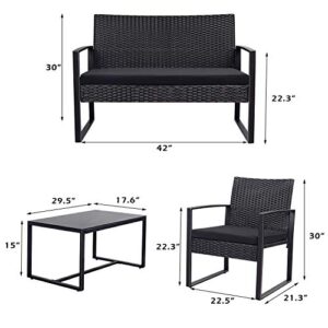 Tuoze 4 Pieces Patio Furniture Set Outdoor Patio Conversation Sets Modern Porch Furniture Lawn Chairs with Glass Coffee Table for Home Garden Backyard Balcony (Black)