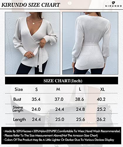 KIRUNDO 2023 Women's Fall Winter Wrap V Neck Sweater Balloon Sleeves Ribbed Knitted Pullover Tie Front Tunic Top Jumper(Small, Beige)