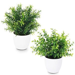 whonline 2pcs small fake plants, mini artificial potted plants, faux plants with plastic eucalyptus and rosemary leaves for bathroom shelf home table desk office greenery decorations