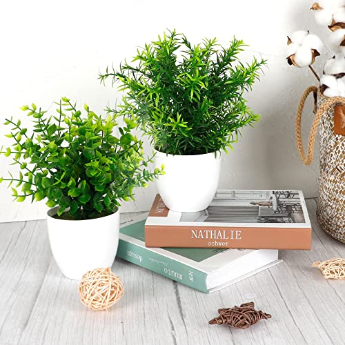 Whonline 2pcs Small Fake Plants, Mini Artificial Potted Plants, Faux Plants with Plastic Eucalyptus and Rosemary Leaves for Bathroom Shelf Home Table Desk Office Greenery Decorations