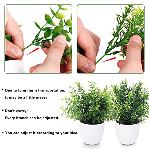 Whonline 2pcs Small Fake Plants, Mini Artificial Potted Plants, Faux Plants with Plastic Eucalyptus and Rosemary Leaves for Bathroom Shelf Home Table Desk Office Greenery Decorations