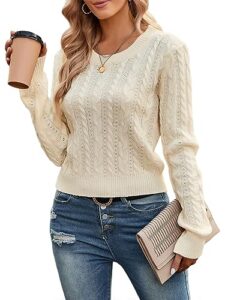 zaful women's cable cropped sweater long sleeve crewneck pullover knit jumper top (0-beige, m)