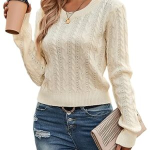 ZAFUL Women's Cable Cropped Sweater Long Sleeve Crewneck Pullover Knit Jumper Top (0-Beige, M)