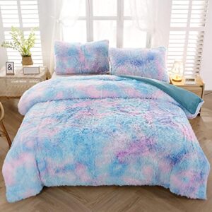 sucses faux fur duvet cover set twin size, tie dye rainbow plush shaggy girls bedding set, soft velvet fluffy fuzzy ombre comforter cover set (blue purple, twin)