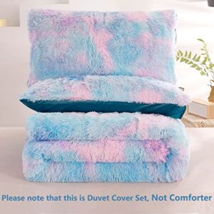 SUCSES Faux Fur Duvet Cover Set Twin Size, Tie Dye Rainbow Plush Shaggy Girls Bedding Set, Soft Velvet Fluffy Fuzzy Ombre Comforter Cover Set (Blue Purple, Twin)