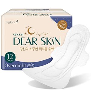 DEAR SKIN Air Embo Derma Sanitary Pads - [Overnight / 12 Count], Extra Long Sanitary Pads, Heavy Absorbency, Leak-Free Guard, Breathable Layers, Overnight Pads with Wings,