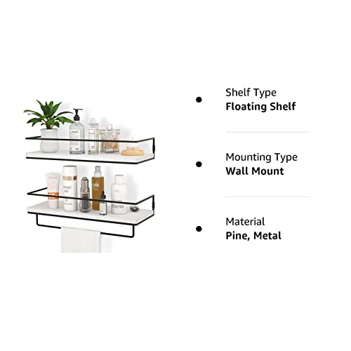 ZGO Floating Shelves for Wall Set of 2, Wall Mounted Storage Shelves with Black Metal Frame and Towel Rack for Bathroom, Bedroom, Living Room, Kitchen, Office (White)