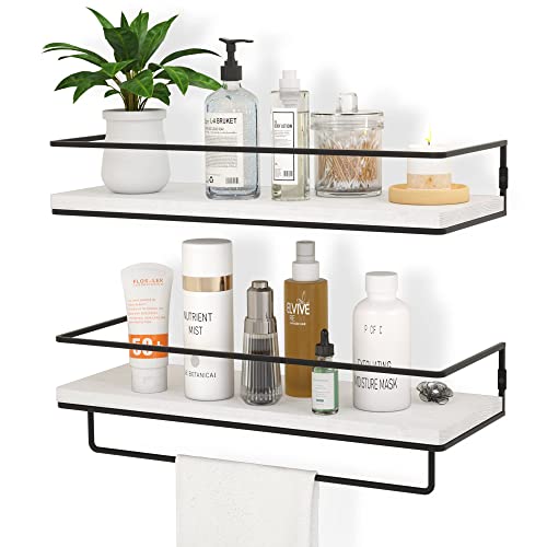 ZGO Floating Shelves for Wall Set of 2, Wall Mounted Storage Shelves with Black Metal Frame and Towel Rack for Bathroom, Bedroom, Living Room, Kitchen, Office (White)