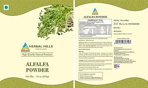 HERBAL HILLS Alfalfa Powder | 16 Oz (454 GMS) | Green Superfood Dried Whole Young Leaves