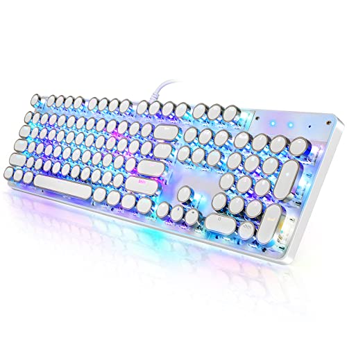 YSCP Typewriter Style Mechanical Gaming Keyboard RGB Backlit Wired with Blue Switch Retro Round Keycap 104 Keys Keyboard (Writertype Keyboard-104keys White)