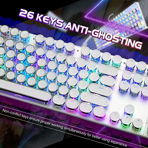 YSCP Typewriter Style Mechanical Gaming Keyboard RGB Backlit Wired with Blue Switch Retro Round Keycap 104 Keys Keyboard (Writertype Keyboard-104keys White)