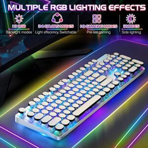 YSCP Typewriter Style Mechanical Gaming Keyboard RGB Backlit Wired with Blue Switch Retro Round Keycap 104 Keys Keyboard (Writertype Keyboard-104keys White)